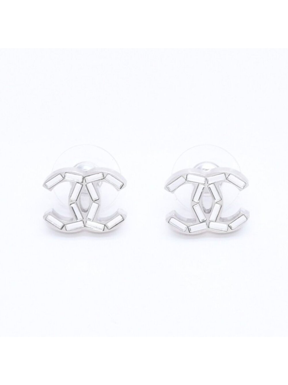 Chanel CC Logo Earrings 11 Rhinestone Metal Silver Clear